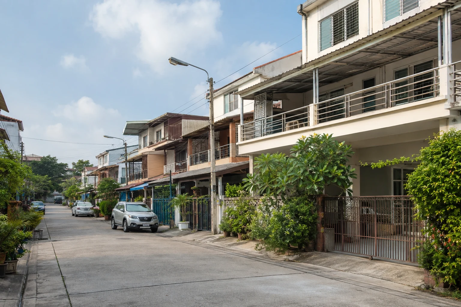 Ruhige Wohnstraße mit Reihenhäusern, Balkonen und tropischen Pflanzen in Bang Na